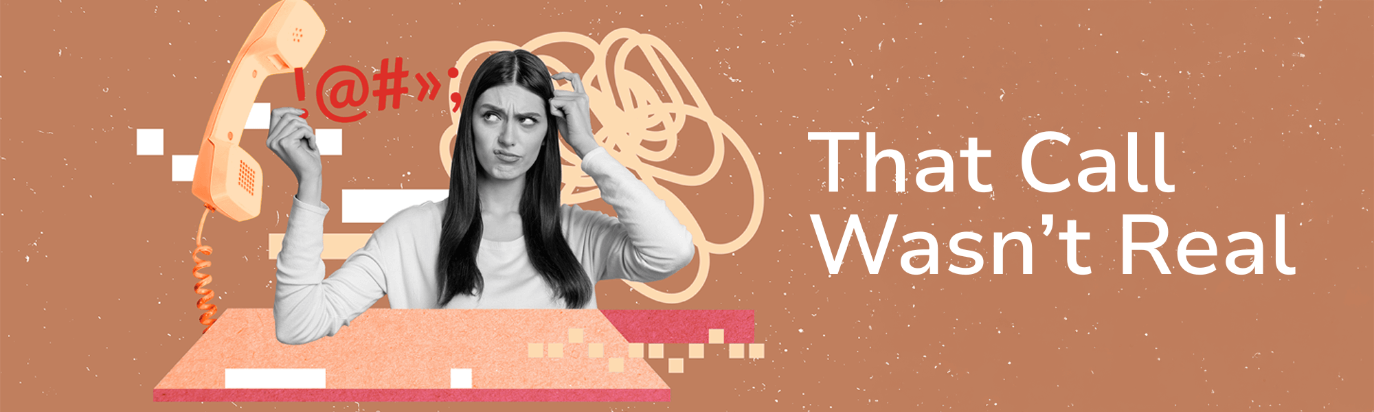 Abstract illustration representing AI voice scams, with a person reacting to a deceptive phone call.