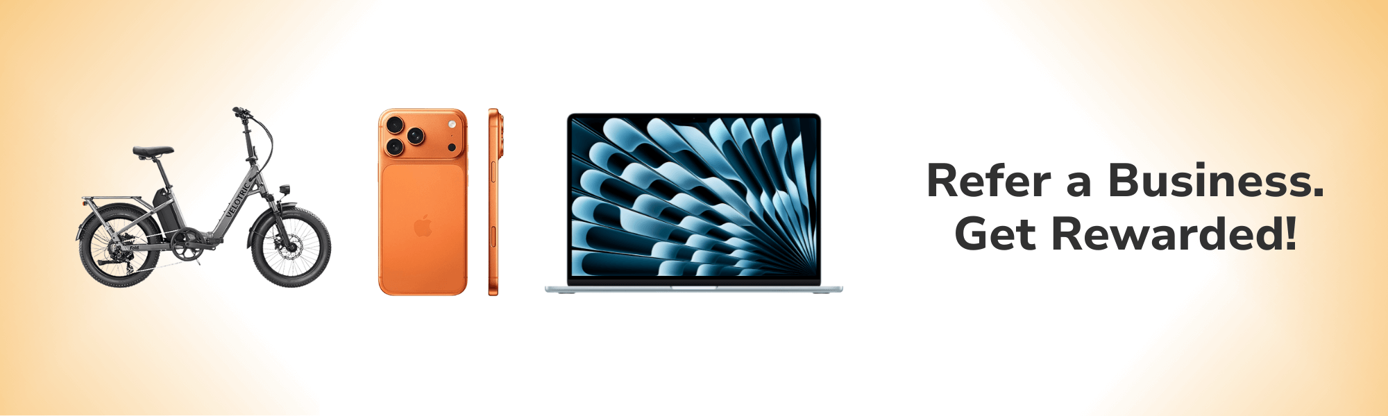 PROTELI Referral Program featuring premium rewards including an iPhone, MacBook, and e-bike.